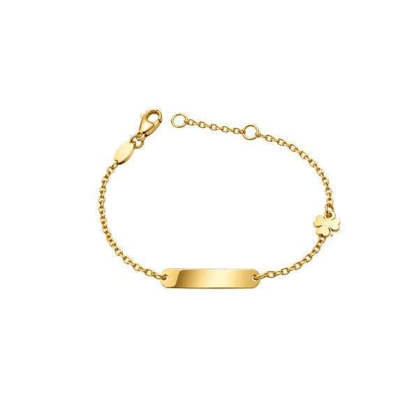 Bracciale Handmade Bimbo in Oro Giallo con Targhetta e Quadrifoglio BR177