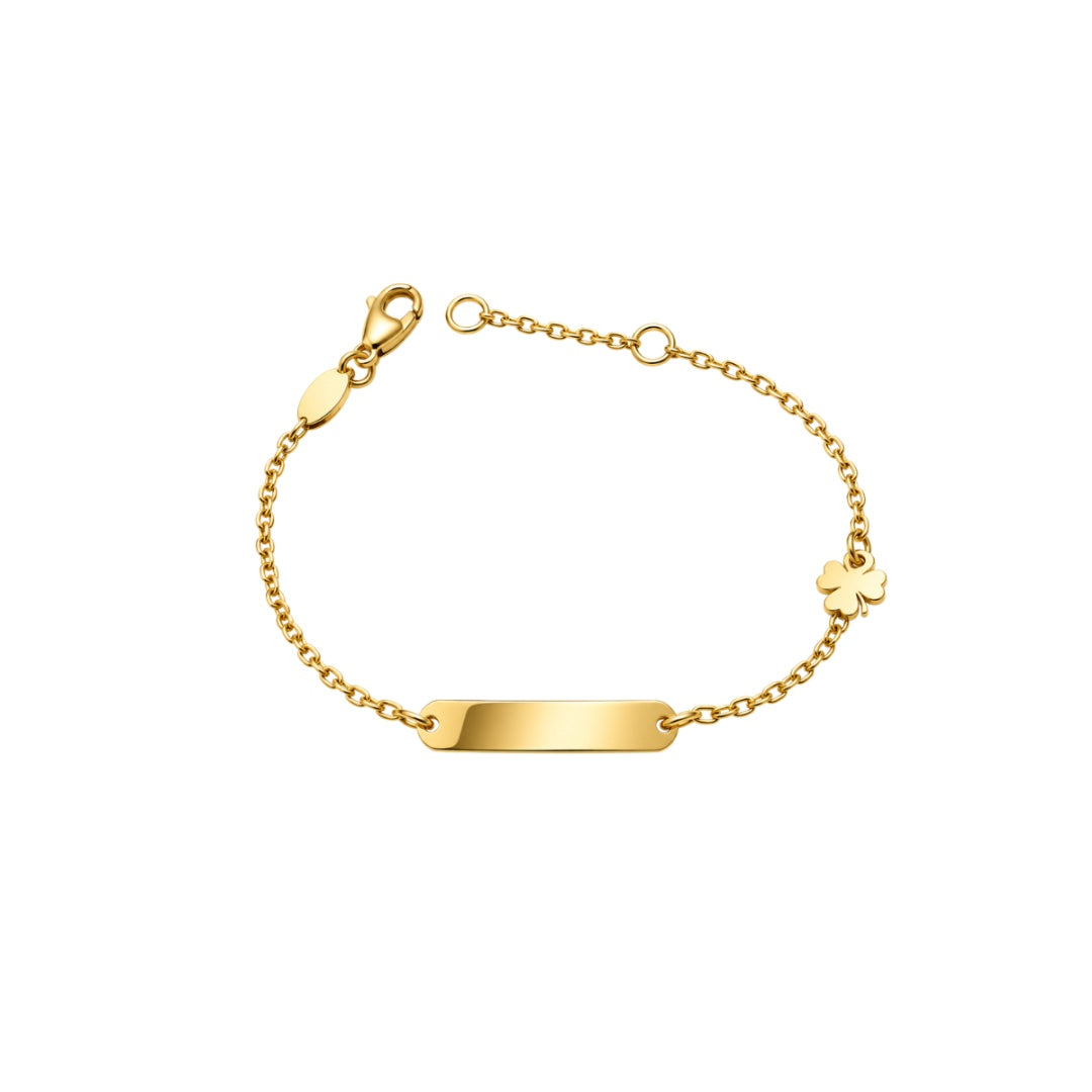 Bracciale Handmade Bimbo in Oro Giallo con Targhetta e Quadrifoglio BR177