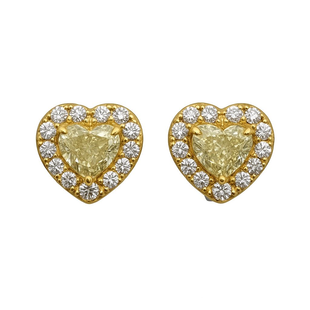 Pendientes de corazón de Giorgio Visconti en oro amarillo con diamantes centrales de fantasía y diamantes blancos