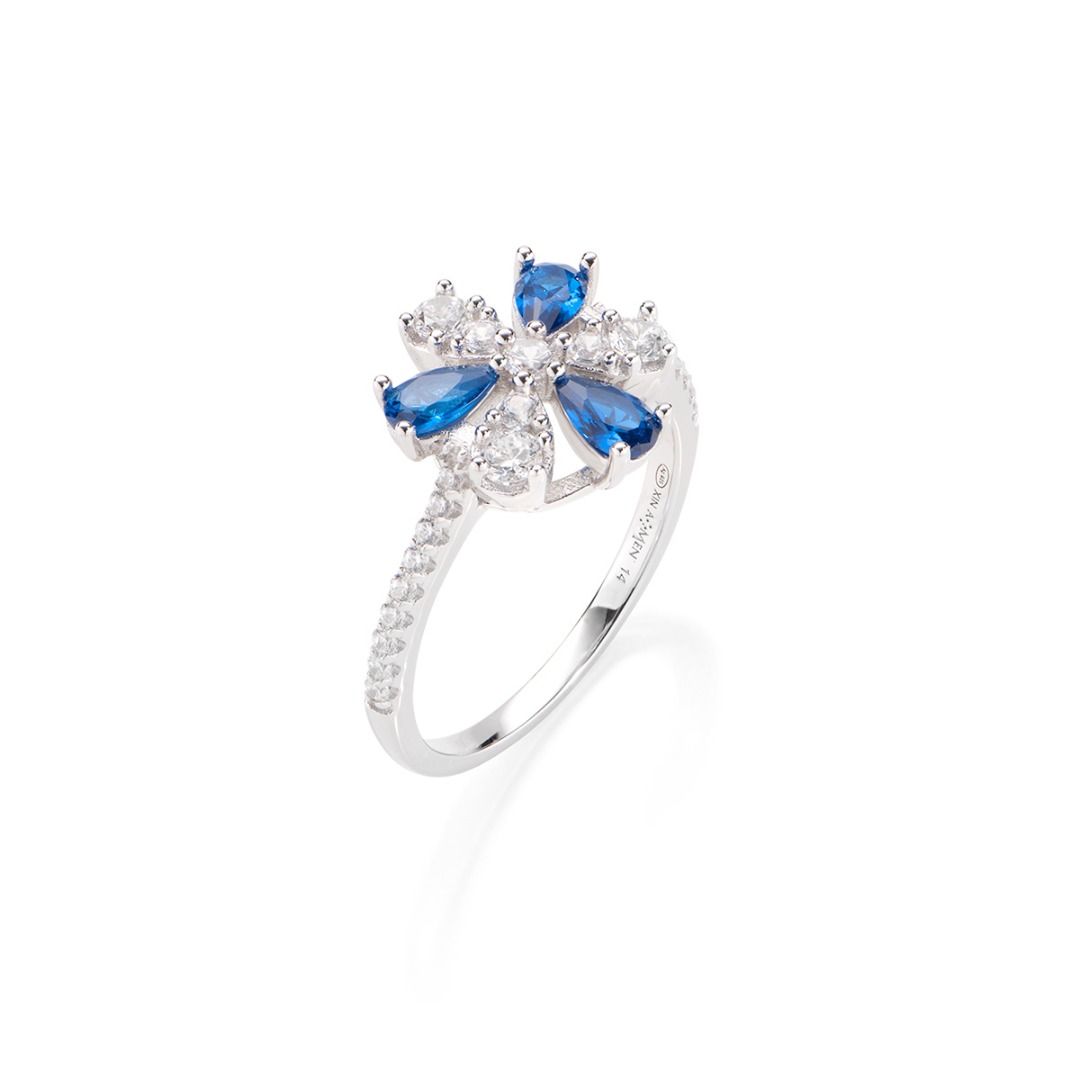 Anello Stardust A Fiore Con Zirconi Bianchi E Blu