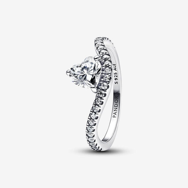 Anello Pandora Onda Argentato Con Cuore Luminoso e Pavè 193661C01