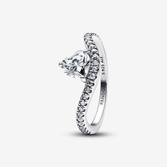 Pandora Silver Wave Ring with Luminous Heart and Pavé