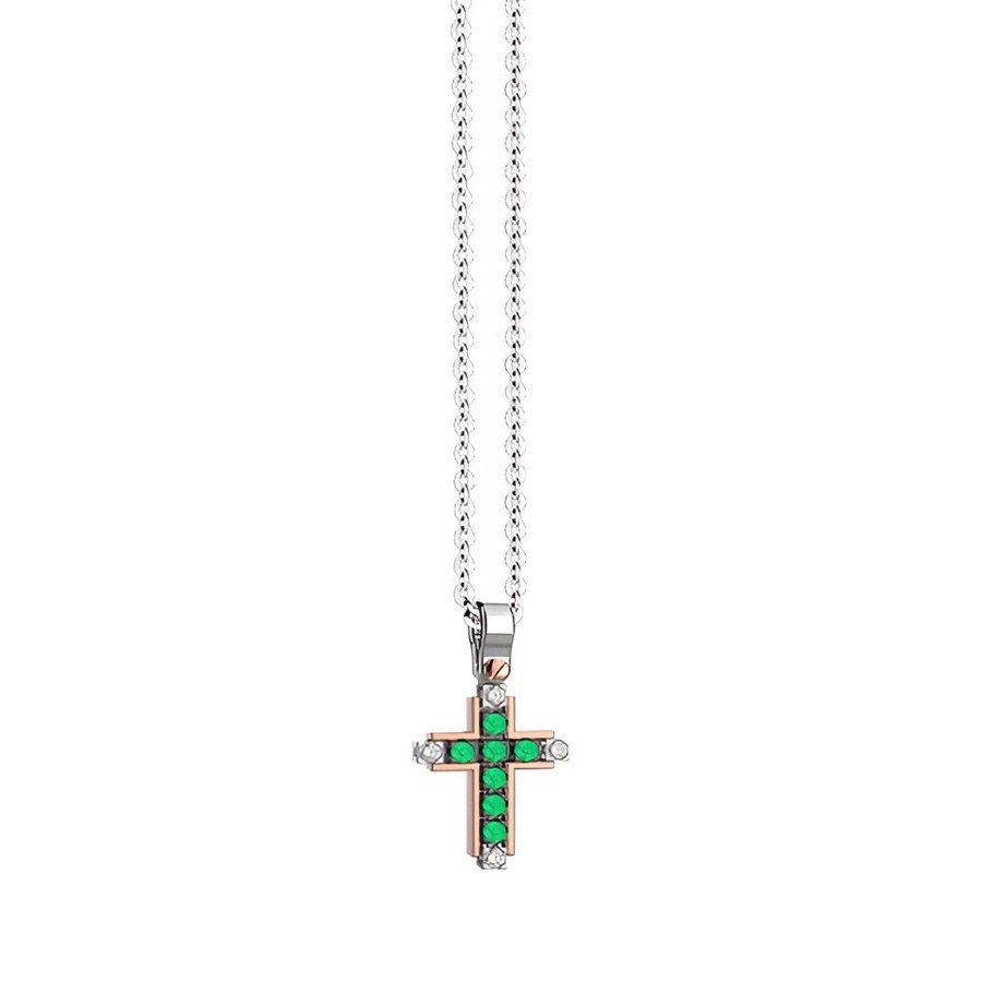 Zancan Men's Necklace in White and Rose Gold with Emeralds and Diamonds