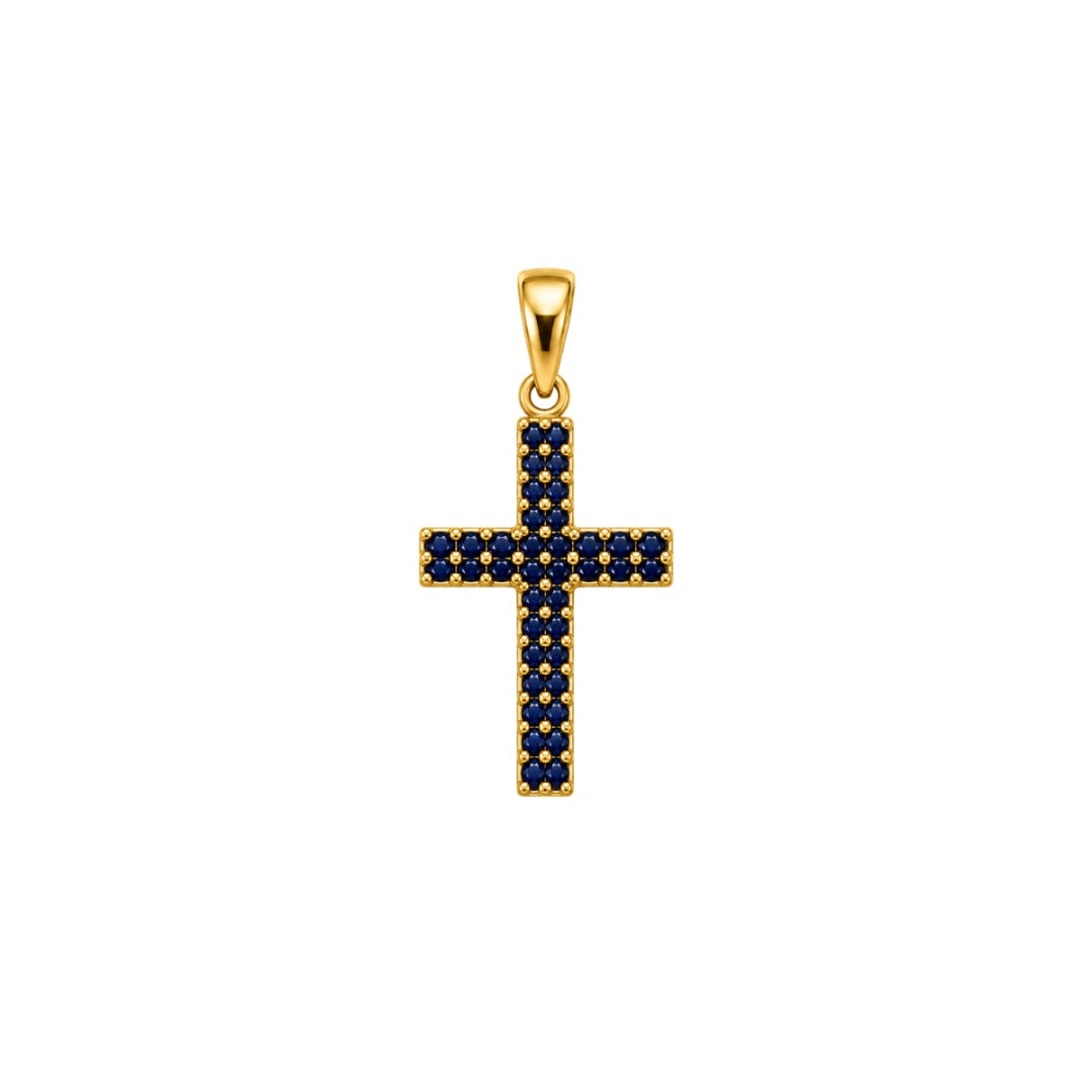 Ciondolo Handmade Croce in Oro Giallo 18 KT Reversibile Con Zirconi Bianchi e Blu CND08