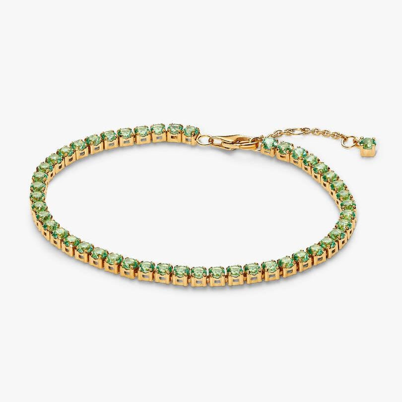 Pulsera Pandora de tenis con cristales verdes y baño de oro de 14 quilates