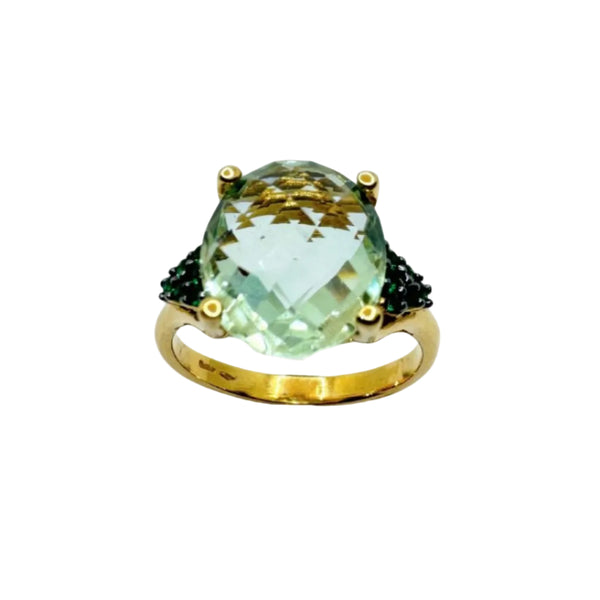 Anello in Oro Giallo 18 KT con Tormalina Verde Ovale e Zirconi Verdi AN045