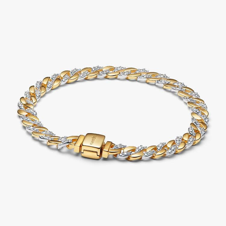 Pulsera Pandora de eslabones cubanos con pavé de plata y baño de oro amarillo de 14 quilates