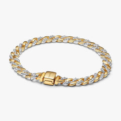 Pulsera Pandora de eslabones cubanos con pavé de plata y baño de oro amarillo de 14 quilates