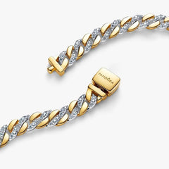 Pulsera Pandora de eslabones cubanos con pavé de plata y baño de oro amarillo de 14 quilates