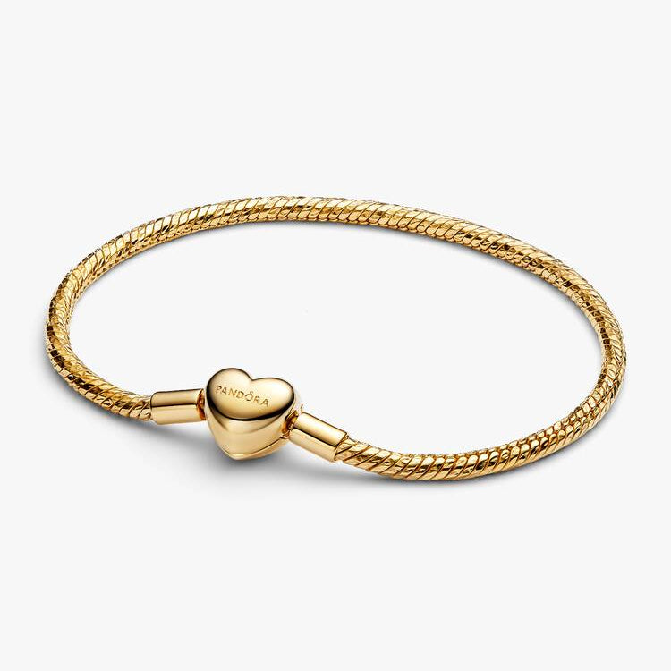 Pandora Faceted Snake Chain Bracelet with Heart Clasp in 18K Yellow Gold Plating