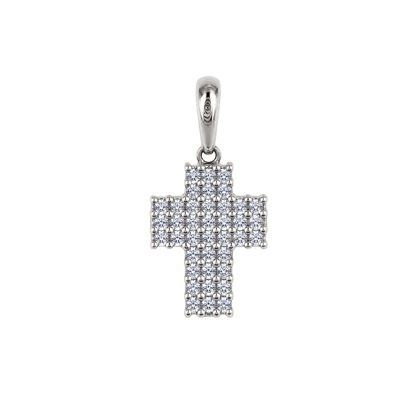 Ciondolo Handmade Croce in Oro Bianco 18 KT Reversibile con Zirconi Bianchi e Neri CND11