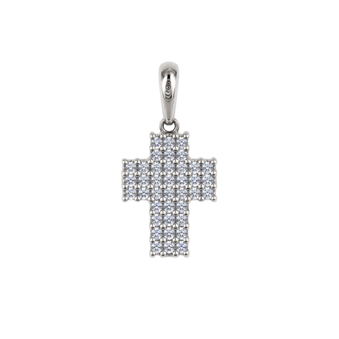 Ciondolo Handmade Croce in Oro Bianco 18 KT Reversibile con Zirconi Bianchi e Neri CND11