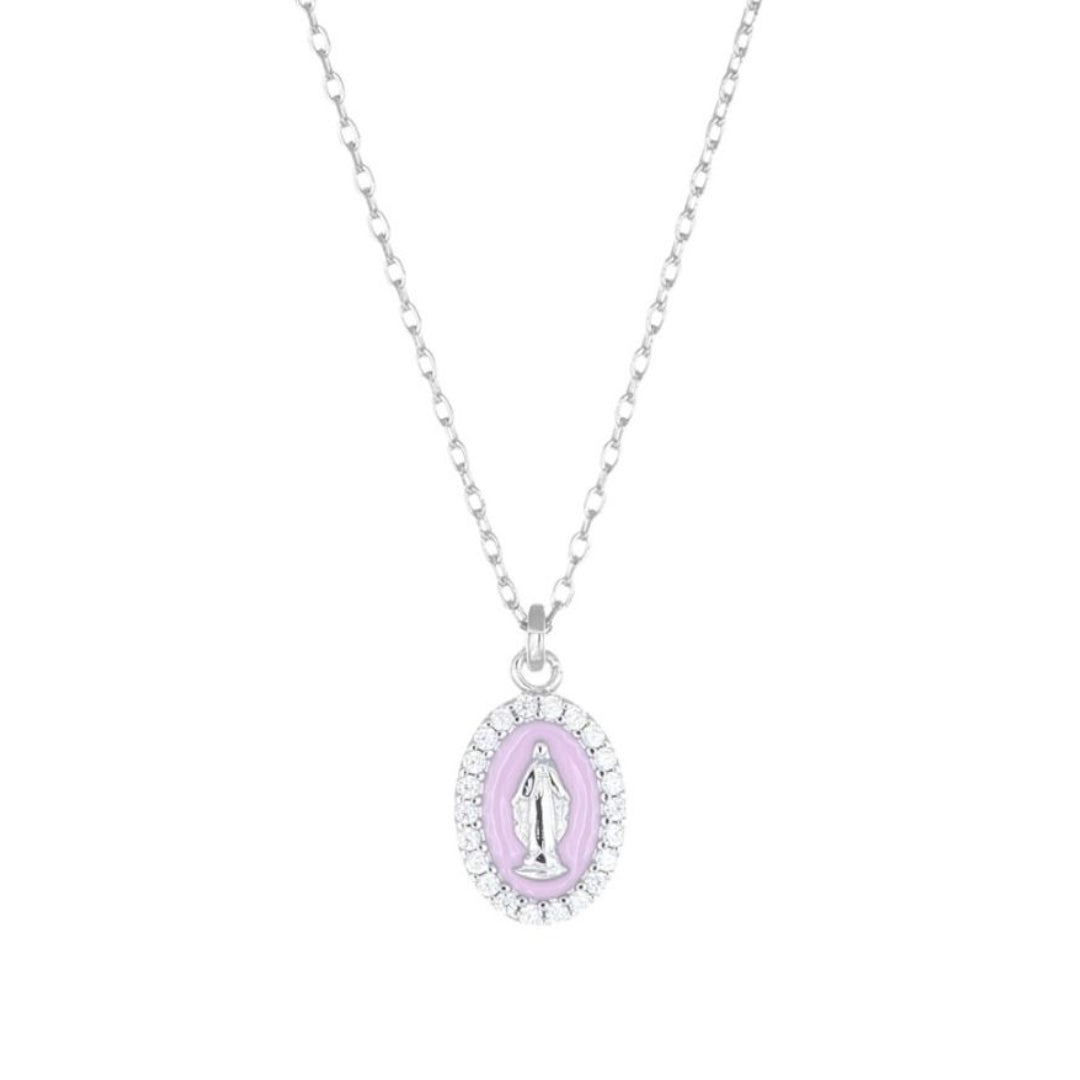 Collana Amen Rodiata Mini Medaglia Miracolosa Smaltata Rosa Perla CLMISMBRO