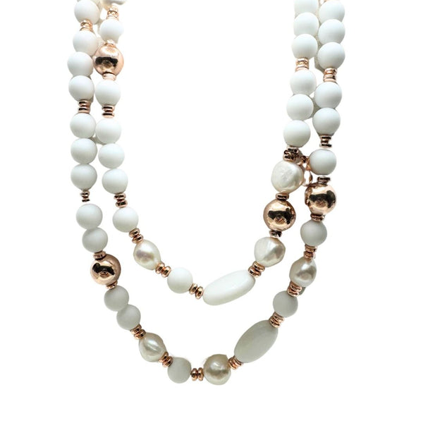 Lelune Long Necklace with White Agate, Pink Hematite and Pearls