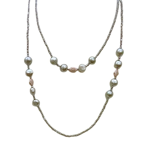 Lelune Long Necklace with Hematite, Gray Pearls and Pavé Sphere