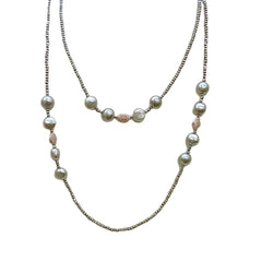 Lelune Long Necklace with Hematite, Gray Pearls and Pavé Sphere