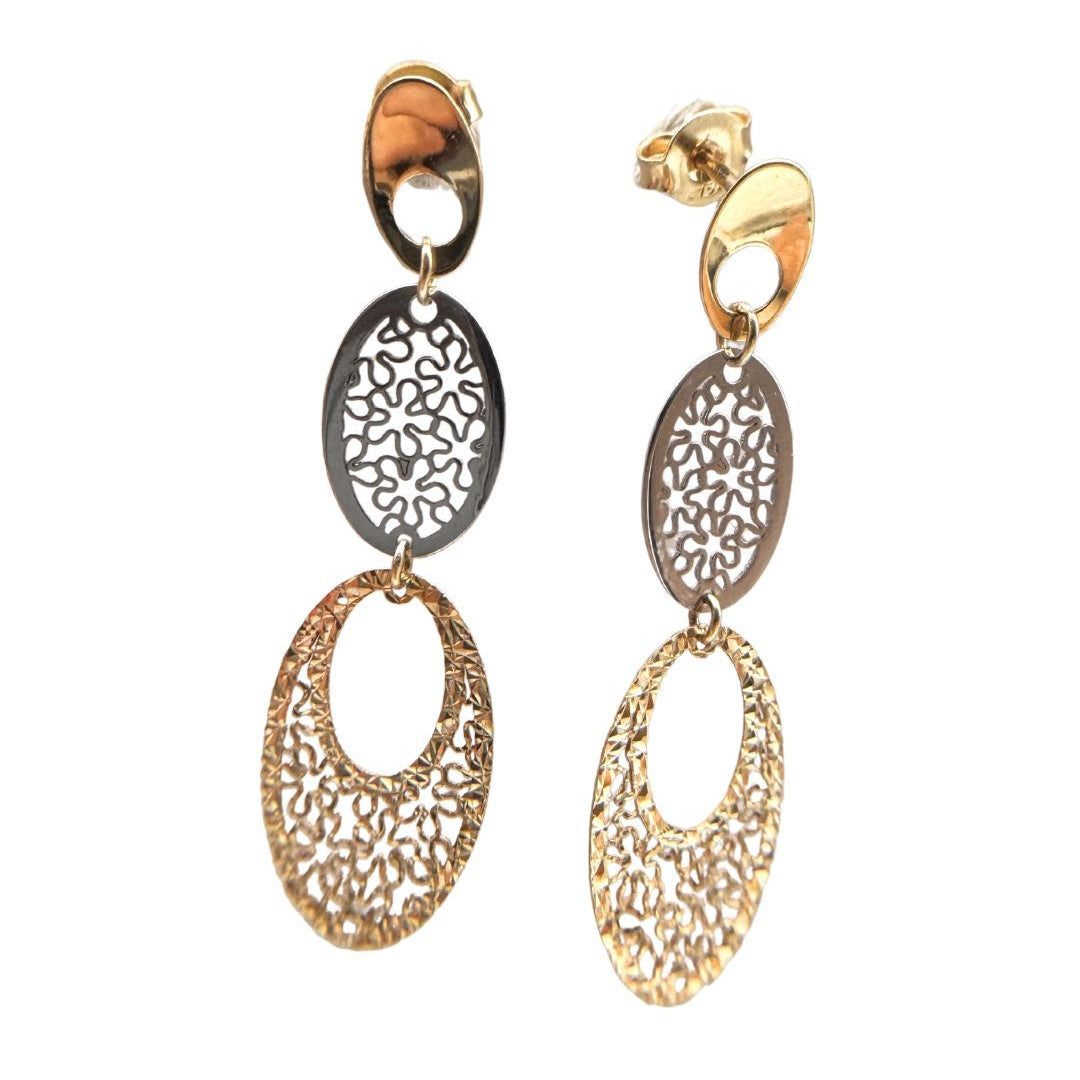 Pendientes colgantes elaborados en oro amarillo y blanco