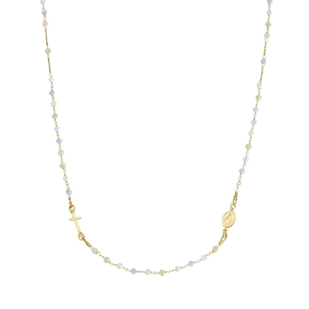 Collar Rosario Amén Gargantilla Dorada con Cristales Pastel y Perlas