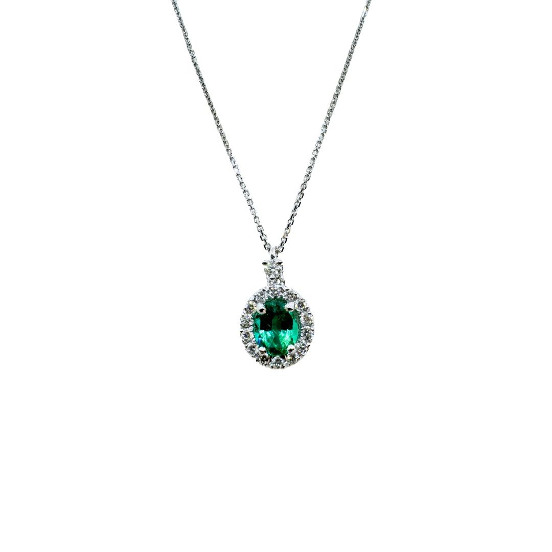 Golay White Gold Necklace with Natural Emerald Pendant and Diamond Surround