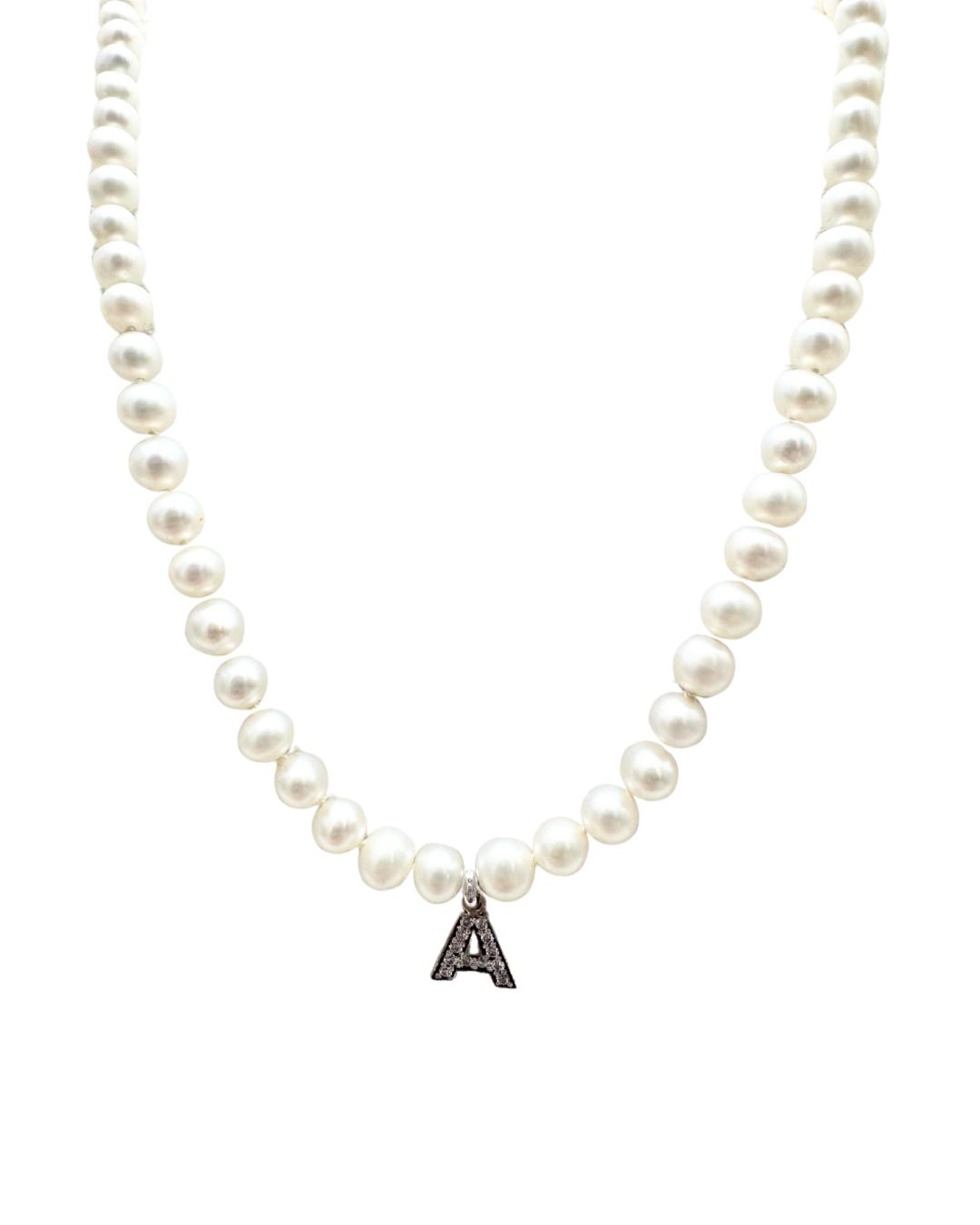 Collana con Perle d'Acqua Dolce 4 mm con Moschettone e Ciondolo in Oro Bianco