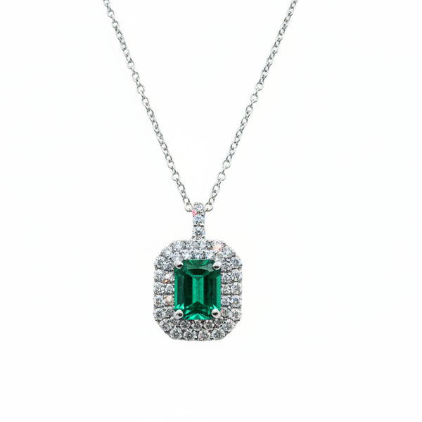 Collana Davite&Delucchi in Oro Bianco con Smeraldo Naturale Taglio Smeraldo e Doppio Contorno di Diamanti CLN011724SM1