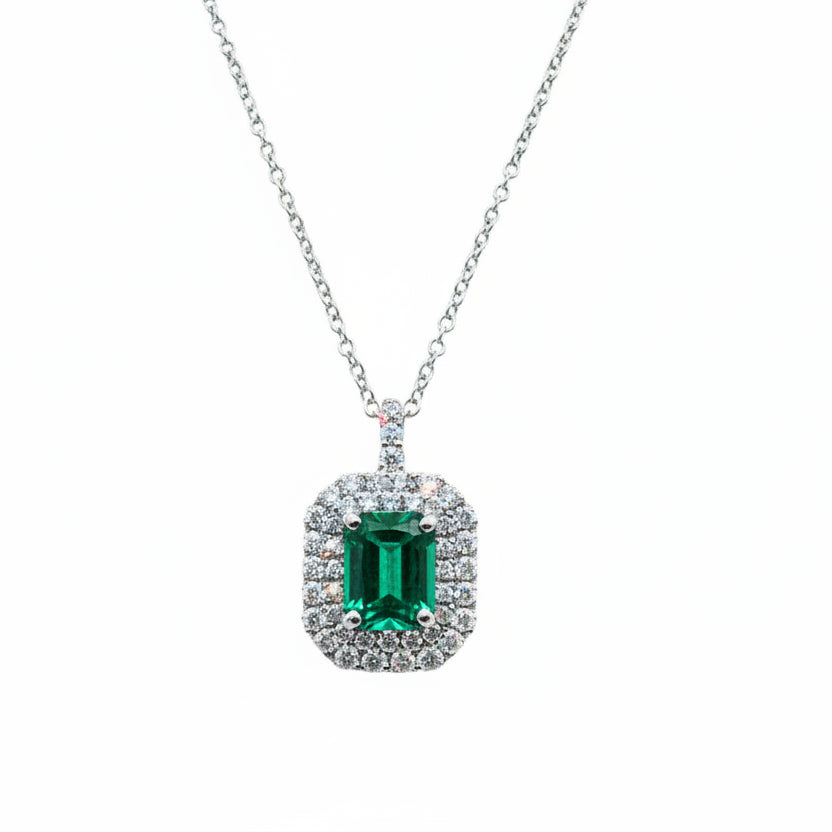 Collana Davite&Delucchi in Oro Bianco con Smeraldo Naturale Taglio Smeraldo e Doppio Contorno di Diamanti CLN011724SM1