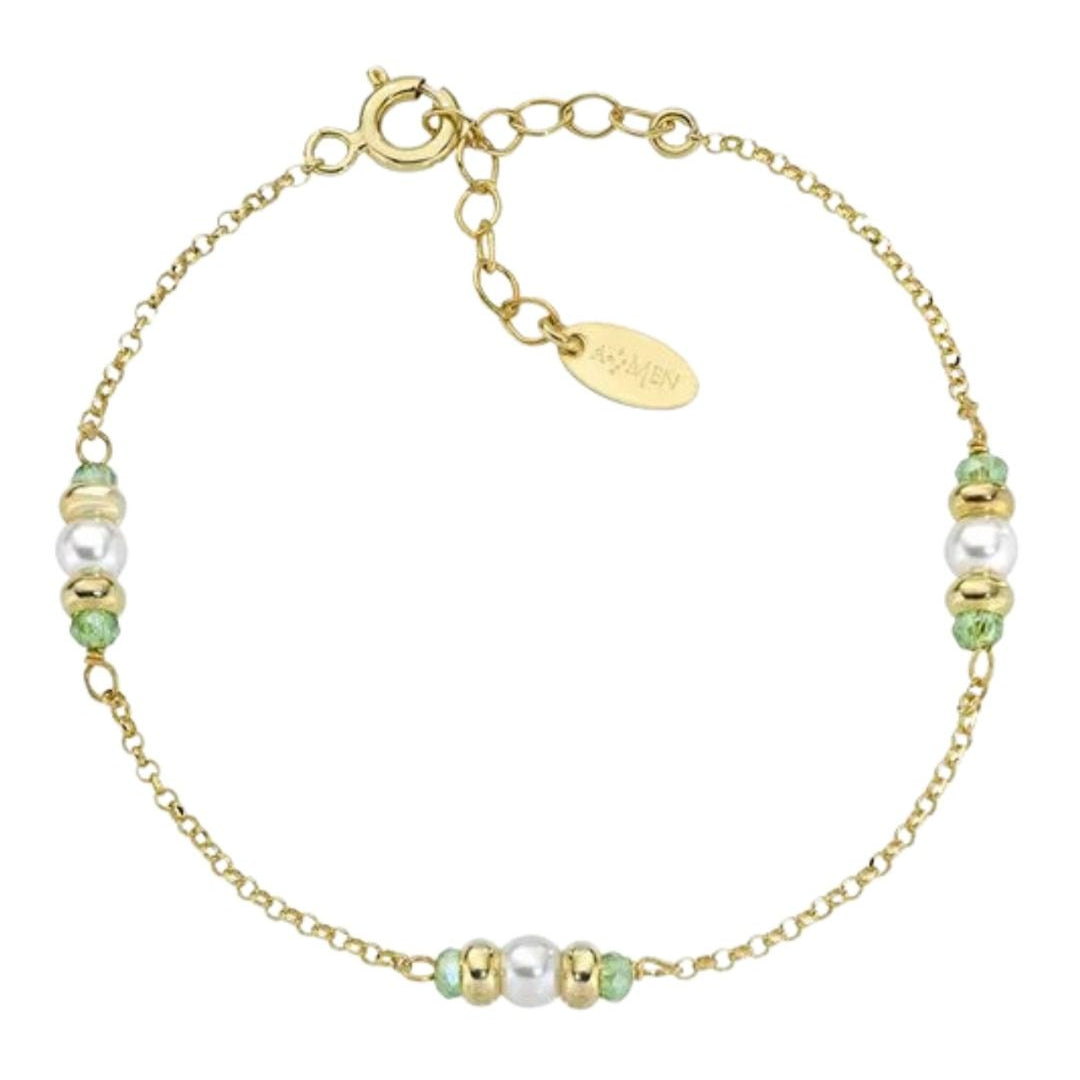 Pulsera Amén de Oro con Perlas y Cristales Verdes