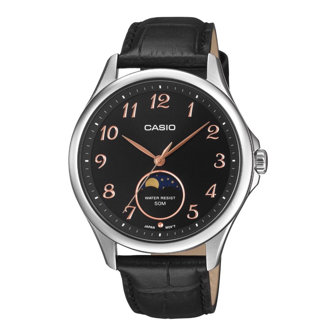 Casio Men's Timeless Quartz Moon Phase Watch Black Leather