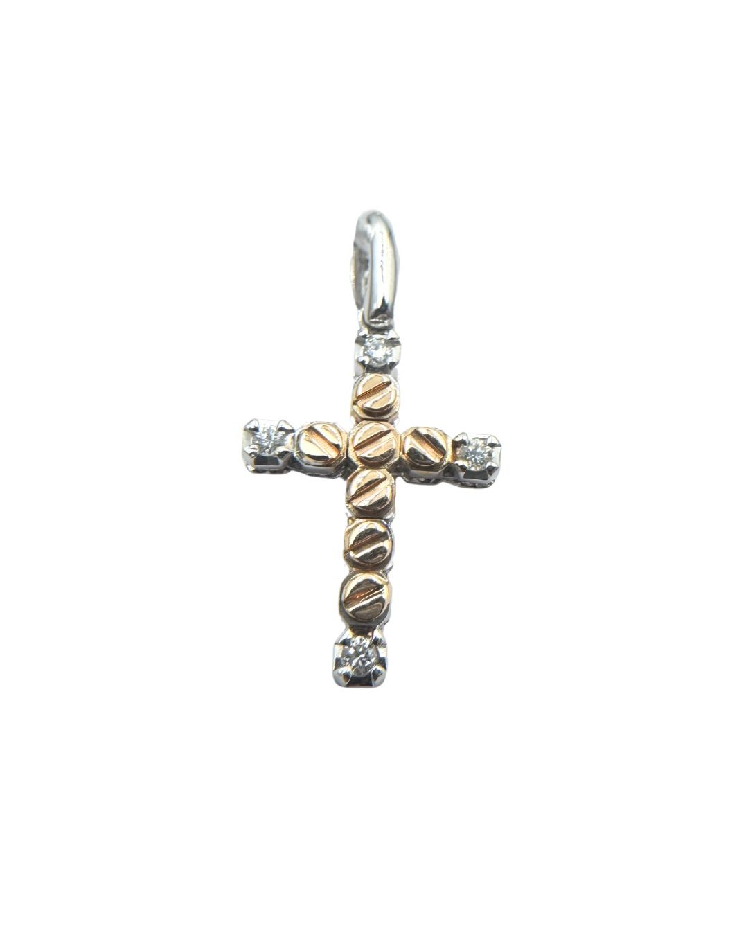 Cruz colgante de oro blanco y rosa con diamantes