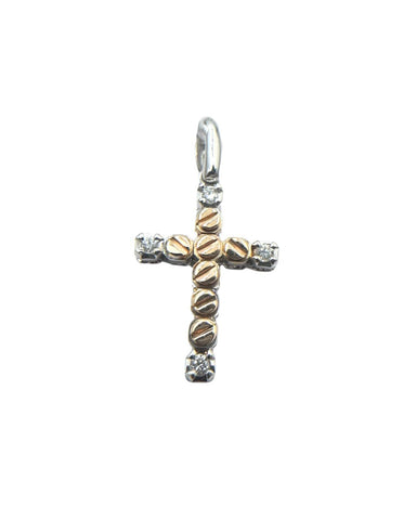 Cruz colgante de oro blanco y rosa con diamantes