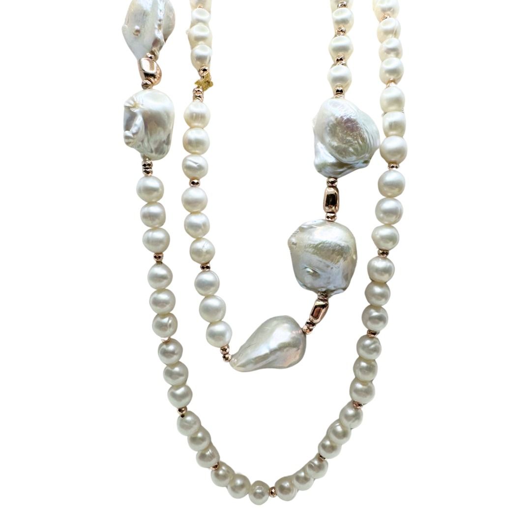 Collana Rajola Vita con Perle Bianche ed Ematite Rosa 54-658-1