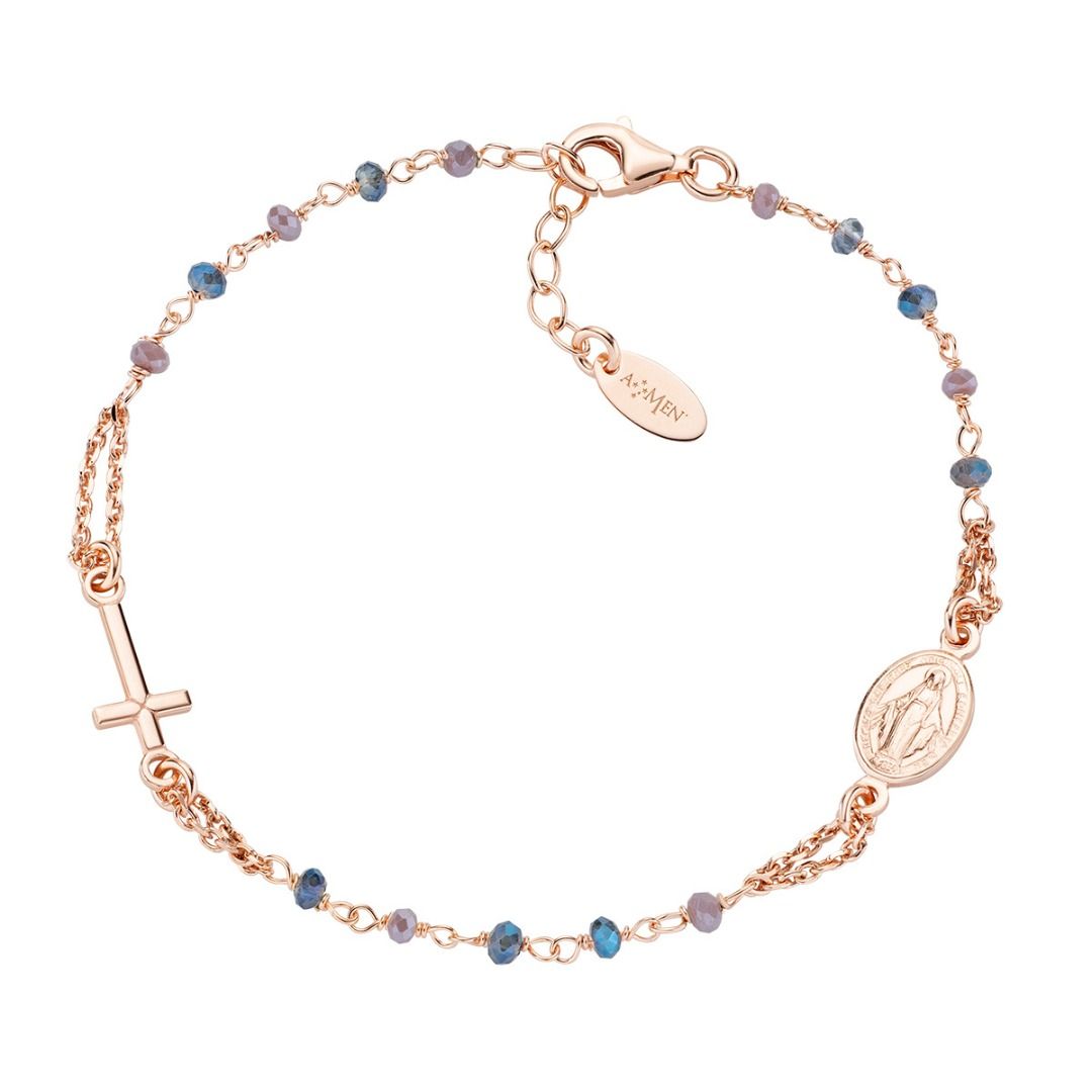 Amen Rosary Rose Bracelet with Blue and Dove Grey Crystals