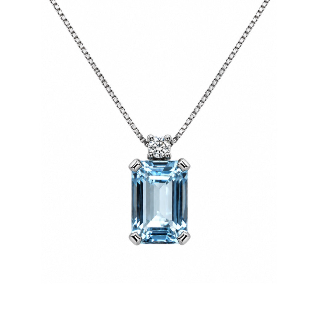 Collana Bibigì in Oro Bianco 18 KT con Acquamarina Taglio Ottagonale e Diamante Naturale