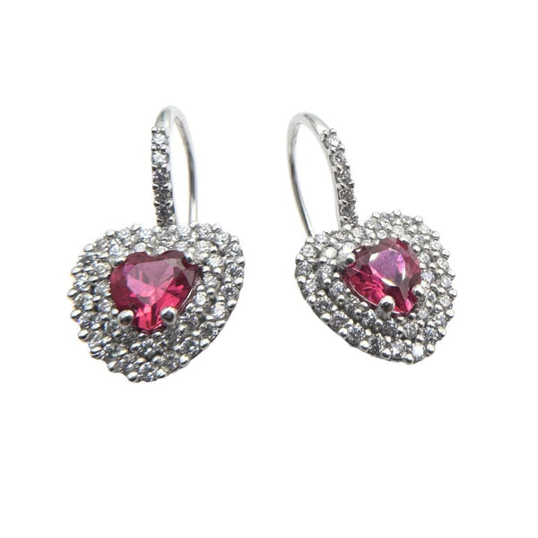18KT White Gold Monachina Heart Pendant Earrings with Red Heart and White Zircons