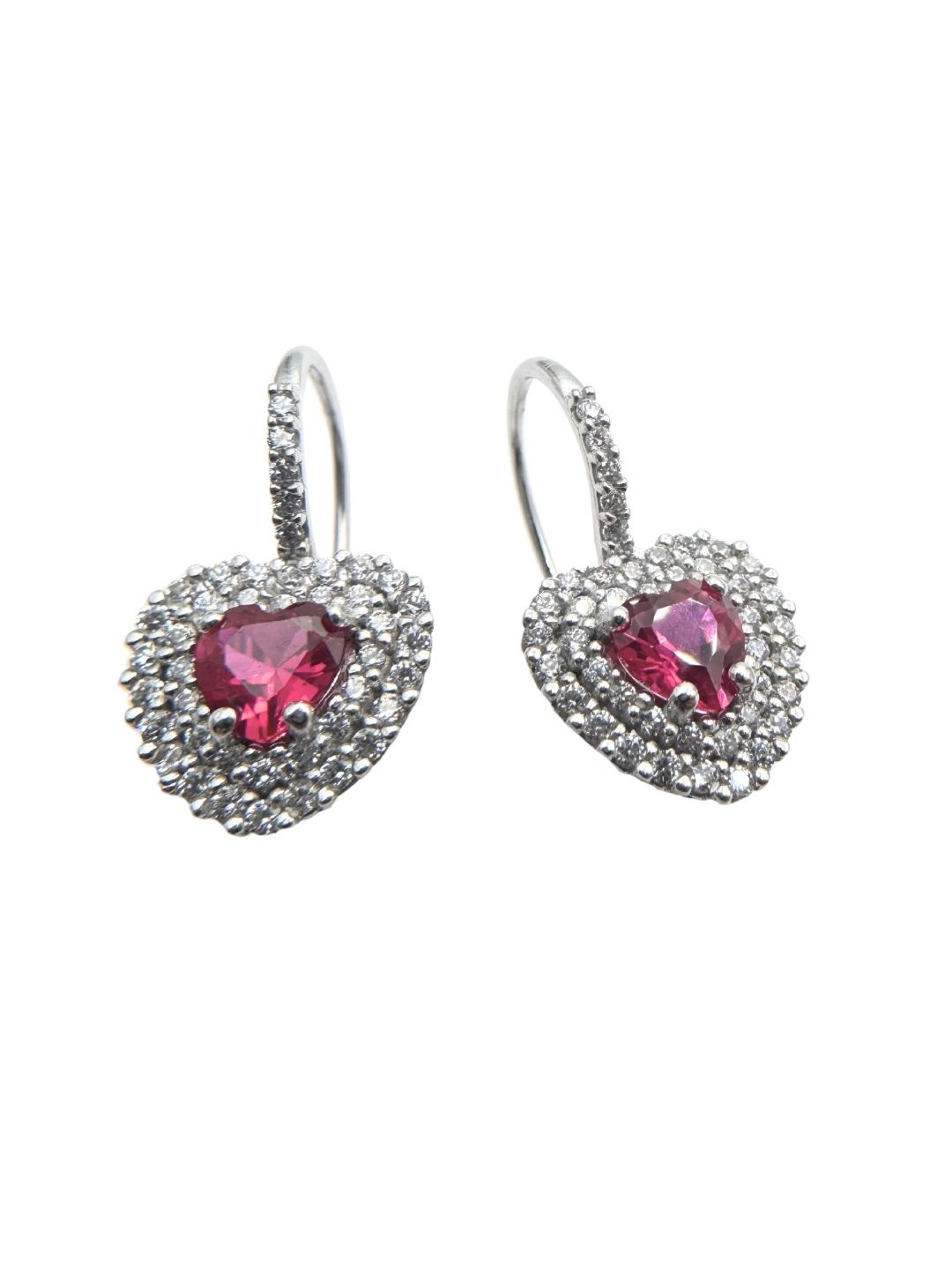 Orecchini Cuori Pendenti Monachina in Oro Bianco 18 KT con Zirconi Cuori Rossi e Zirconi Bianchi