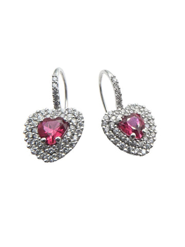 Orecchini Cuori Pendenti Monachina in Oro Bianco 18 KT con Zirconi Cuori Rossi e Zirconi Bianchi