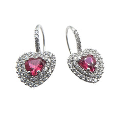 Pendientes colgantes de corazón Monachina de oro blanco de 18 kt con corazón rojo y circonitas blancas