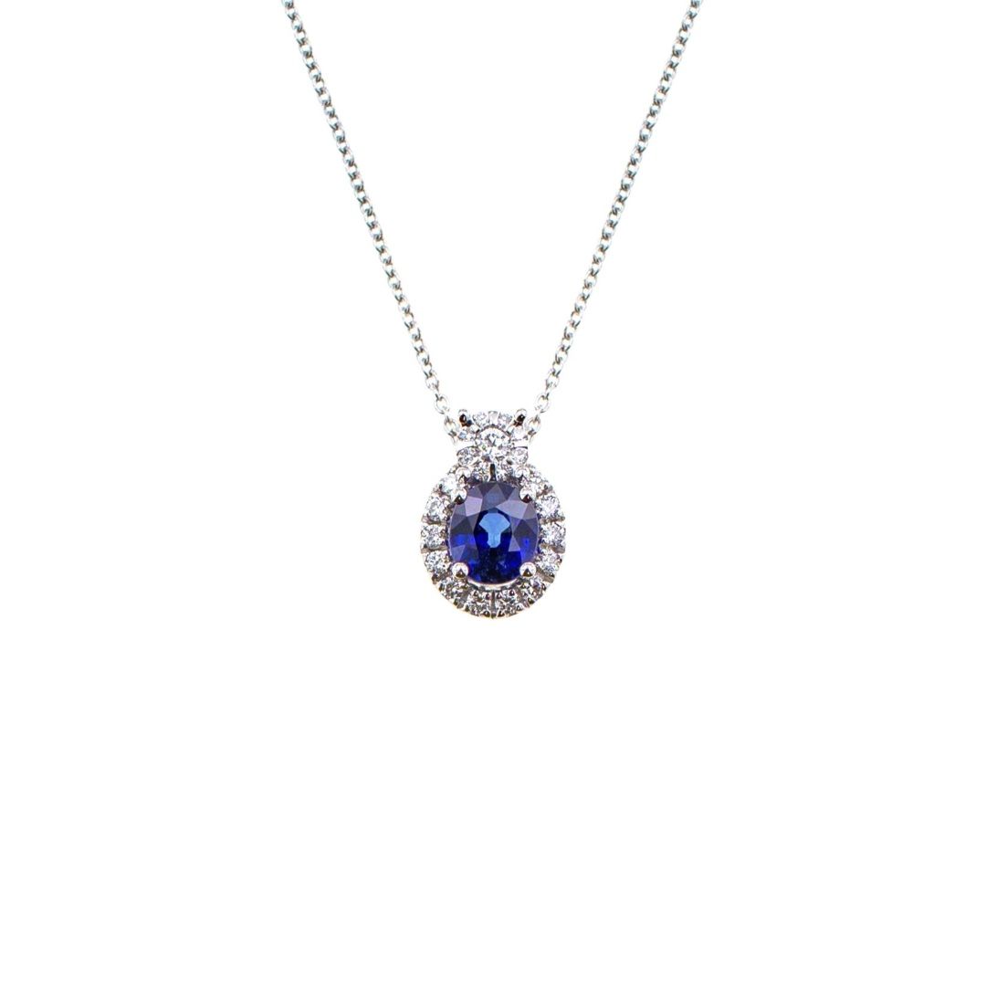 Collar Mirco Visconti de oro blanco con colgante de zafiro de talla ovalada y diamantes