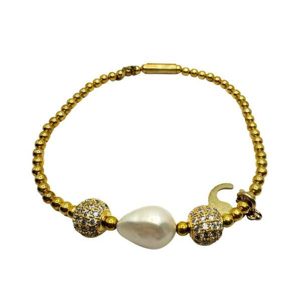Lelune Elastic Bracelet in Gold with Pearl and Pavé Spheres
