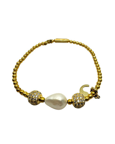 Bracciale Lelune Elastico Dorato con Perla e Sfere Pavè