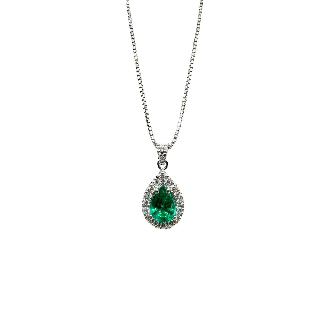 Mirco Visconti White Gold Necklace with Emerald Drop Pendant and Diamond Surround
