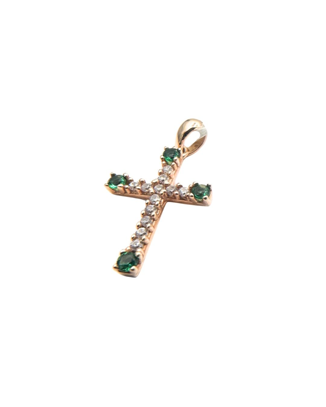 Rose Gold Cross Pendant with Green and White Zircons