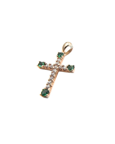 Rose Gold Cross Pendant with Green and White Zircons