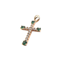 Rose Gold Cross Pendant with Green and White Zircons