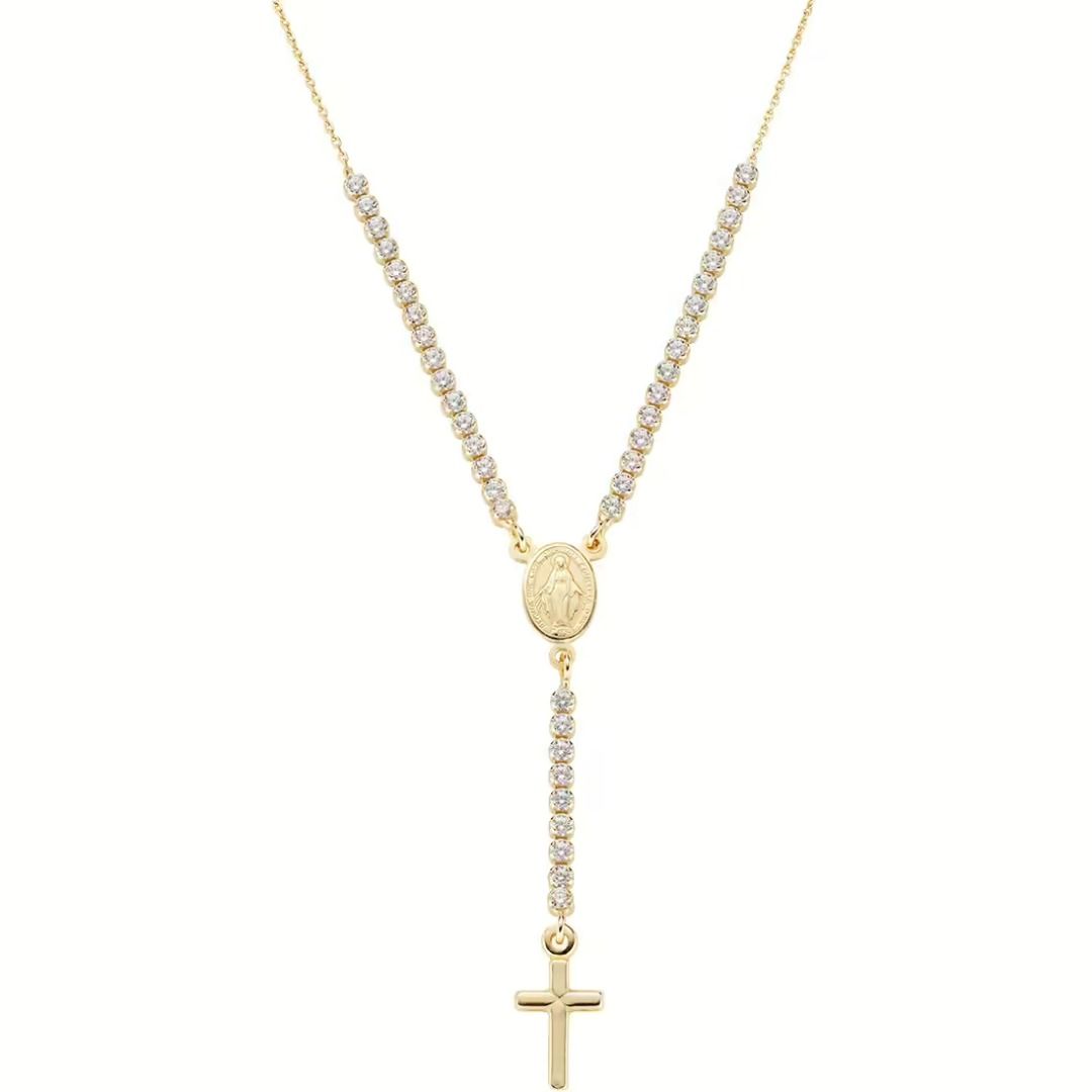 Collana Amen Rosario Dorato Con Zirconi Bianchi