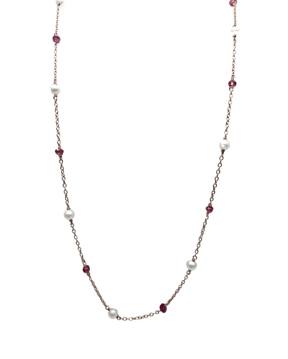 Collar de oro rosa de 18 quilates con granate y perlas