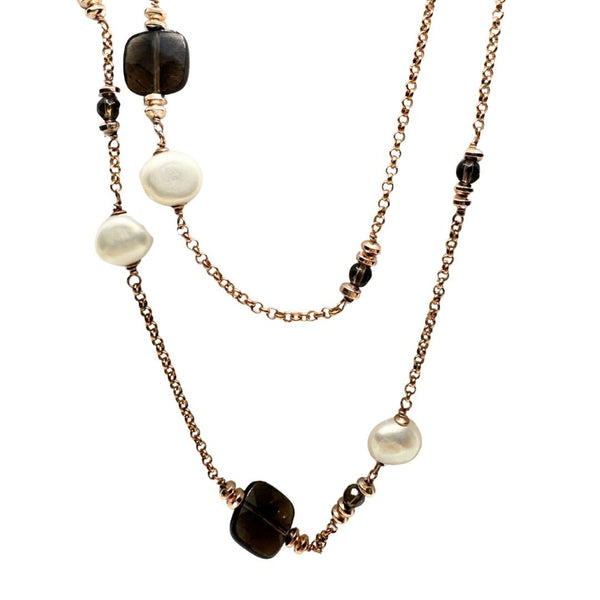 Collana Lelune Lunga Rosè con Ematite, Perle e Quarzo Fumè LGNK79.1