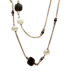 Lelune Long Rose Necklace with Hematite, Pearls and Smoky Quartz