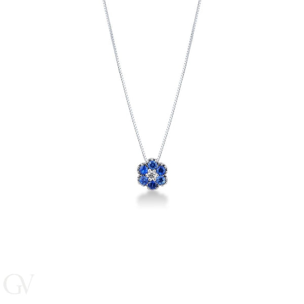 Collana Bibigì in Oro Bianco Fiore con Zaffiri e Diamante Centrale CLK0024BZ03