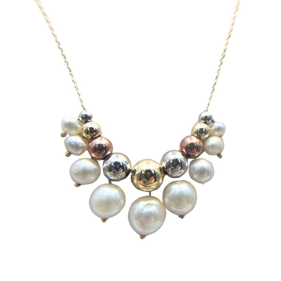 18KT Yellow, Rose and White Gold Necklace with Pearls